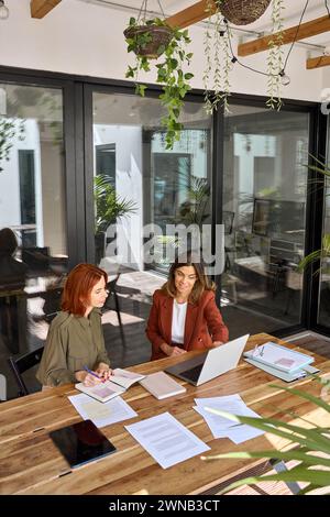 Two busy business women talking working at desk in green office. Top view. Stock Photo