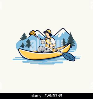 Man in kayak on the lake. Vector illustration. Canoeing. Stock Vector