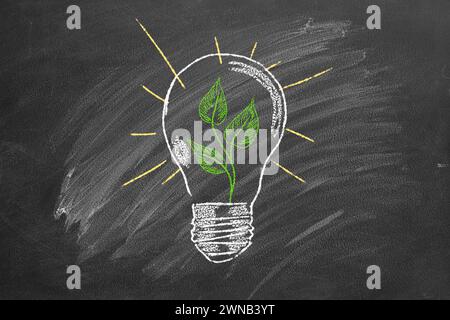 Light bulb, with green leaf inside. Eco friendly energy . Sustainable, renewable energy. Concept of green energy and environmental friendly electrical Stock Photo