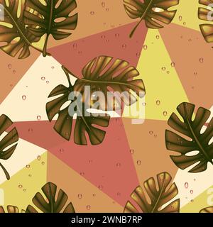 Rain in the tropics. Palm leaves in raindrops. Seamless background. Tropics. Palm leaves. leaf of palm tree on on a geometric background of triangles. Stock Photo