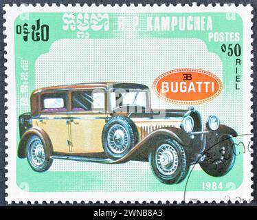 Cancelled postage stamp printed by Cambodia, that shows Bugatti (1929), circa 1984. Stock Photo