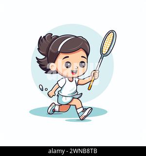 Cute Little Girl Playing Badminton. Vector Cartoon Illustration Stock 