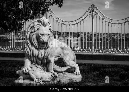 the statue of a lion fighting with a crocodile located in the gardens of the Dolmabahce Palace in Istanbul Stock Photo