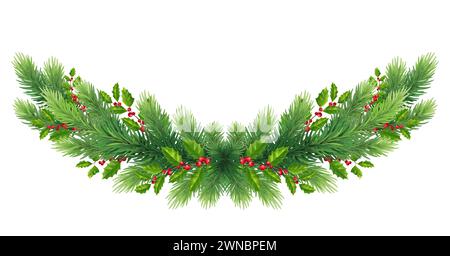 Large wreath / garland of fir branches, with red berries and holly leaves, mistletoe and cones. New Year's green decor. Isolated. Stock Photo