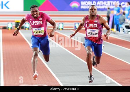 USA's Christian Coleman (right) wins gold in the Men's 60 Metres Final with USA's Noah Lyles winning silver during day one of the World Indoor Athletics Championships at the Emirates Arena, Glasgow. Picture date: Friday March 1, 2024. Stock Photo