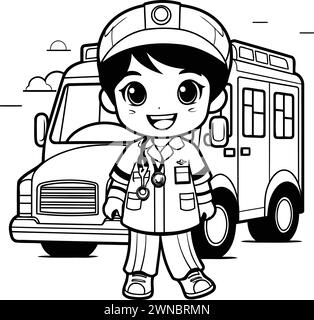 Black and White Cartoon Illustration of Elementary School Boy Student with Bus Stock Vector