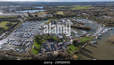 Aerial view of Penton Hook Marina, Britain's largest inland marina, set in 80 acres and with 575 berths, Surrey, England Stock Photo