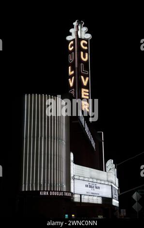 The Culver Theater, Kirk Douglas, Theater, neon, sign, marquee, night, Culver City, Los Angeles, California, USA Stock Photo