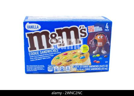 Ocala, FL 2-29-2024 A package of m and m MMs frozen vanilla ice cream cookie sandwiches blue rectangular box on an isolated on white background Stock Photo