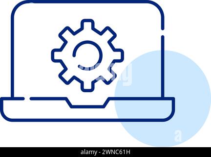 A pixel-perfect vector icon featuring a laptop and cogwheel. Seamless settings and customization  Stock Vector