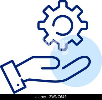 Hand holding a cogwheel. Manual control and precision. Hands-on customization and adjustment pixel perfect vector icon Stock Vector