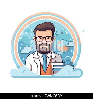 Hipster doctor with beard and mustache in round frame. Vector ...