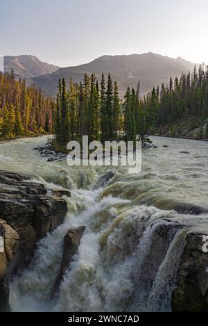 Sunwapta Falls in the stunning Canadian Rockies at sunrise in summertime with beautiful cascading waterfall in popular tourist, landscape area Canada. Stock Photo