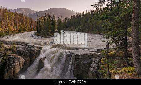 Sunwapta Falls in the stunning Canadian Rockies at sunrise in summertime with beautiful cascading waterfall in popular tourist, landscape area Canada. Stock Photo