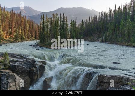 Sunwapta Falls in the stunning Canadian Rockies at sunrise in summertime with beautiful cascading waterfall in popular tourist, landscape area Canada. Stock Photo