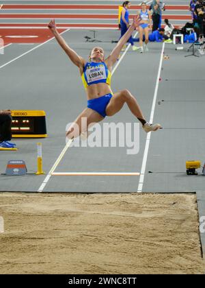 Glasgow, UK. 01st Mar, 2024. Emirates Arena, Glasgow, Scotland - Friday 1st March: Yuliya LOBAN (Ukraine - UKR) competes in the Long Jump Pentathlon during the World Athletics Indoor Championships Glasgow 2024 at Emirates Arena on Friday 1st March 2024 (Claire Jeffrey/SPP) Credit: SPP Sport Press Photo. /Alamy Live News Stock Photo