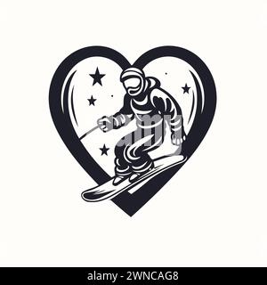Ski club emblem with skier and heart. Vector illustration. Stock Vector