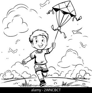 Boy flying a kite in the sky. black and white vector illustration Stock Vector