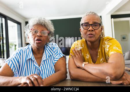 Senior African American woman and senior biracial woman sit together indoors on video call at home Stock Photo