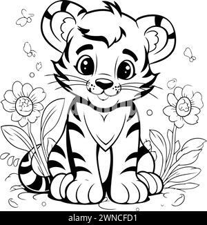 Cute tiger with flowers and butterflies. Coloring page for children. Stock Vector