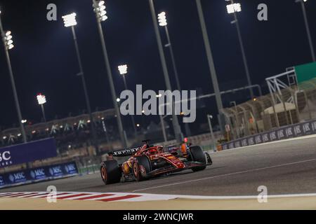 Sakhir. 1st Mar, 2024. Ferrari's Charles Leclerc of Monaco competes during the qualifying session of the Bahrain Formula One Grand Prix at the Bahrain International Circuit in Bahrain, on March 1, 2024. Credit: Qian Jun/Xinhua/Alamy Live News Stock Photo