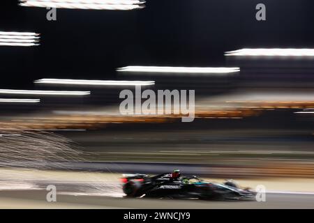 Sakhir. 1st Mar, 2024. Mercedes' Lewis Hamilton of Britain competes during the qualifying session of the Bahrain Formula One Grand Prix at the Bahrain International Circuit in Bahrain, on March 1, 2024. Credit: Qian Jun/Xinhua/Alamy Live News Stock Photo