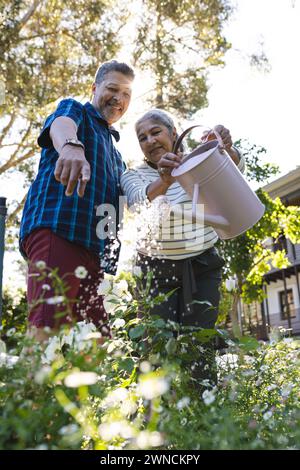 Senior biracial couple enjoys gardening together, watering plants in the sunlight Stock Photo
