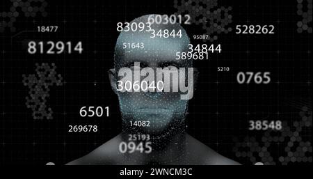 Digital image of multiple changing numbers against human face model on black background Stock Photo