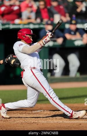 March 1, 2024: Kendall Diggs #5 of Arkansas follows through on his swing while at the plate. Arkansas defeated Murray State 5-1 in Fayetteville, AR. Richey Miller/CSM(Credit Image: © Richey Miller/Cal Sport Media) Stock Photo