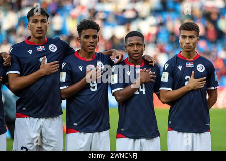 MENDOZA, ARGENTINA - MAY 24: Dominican Republic players sing the national anthem prior to the FIFA U20 World Cup Argentina 2023 match between between Stock Photo