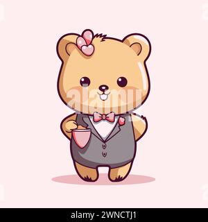 Cute Cartoon Bear With Bow Tie On Pink Background. Vector Illustration 