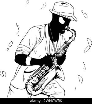 Jazz musician playing the saxophone. Black and white vector illustration. Stock Vector
