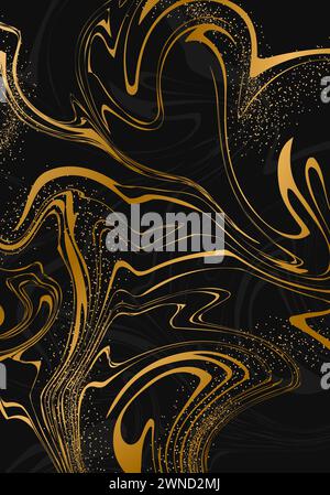 Abstract liquid background. Fluid art. Elegant cover design. Luxury marble pattern in gold and black colors. Minimalist vector template for invitation Stock Vector