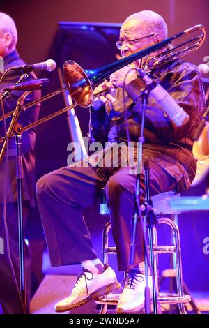 Fred Wesley. American jazzman and trombonist Fred Wesley and The New JB’s in concert at the Éclats d’Email Jazz Édition festival in Limoges. Line-up: Stock Photo