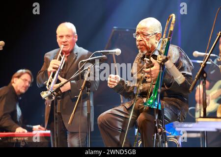 Fred Wesley. American jazzman and trombonist Fred Wesley and The New JB’s in concert at the Éclats d’Email Jazz Édition festival in Limoges. Line-up: Stock Photo