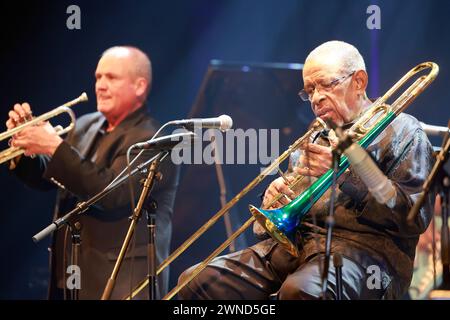 Fred Wesley. American jazzman and trombonist Fred Wesley and The New JB’s in concert at the Éclats d’Email Jazz Édition festival in Limoges. Line-up: Stock Photo