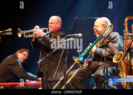 Fred Wesley. American jazzman and trombonist Fred Wesley and The New JB’s in concert at the Éclats d’Email Jazz Édition festival in Limoges. Line-up: Stock Photo