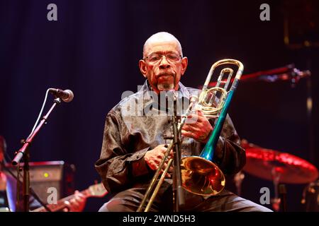 Fred Wesley. American jazzman and trombonist Fred Wesley and The New JB’s in concert at the Éclats d’Email Jazz Édition festival in Limoges. Line-up: Stock Photo