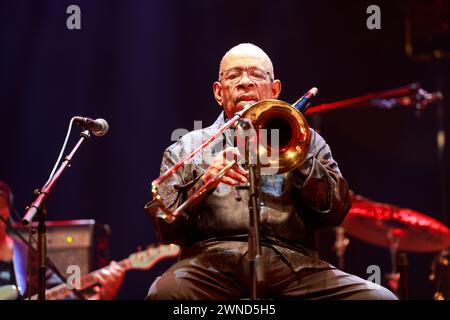 Fred Wesley. American jazzman and trombonist Fred Wesley and The New JB’s in concert at the Éclats d’Email Jazz Édition festival in Limoges. Line-up: Stock Photo