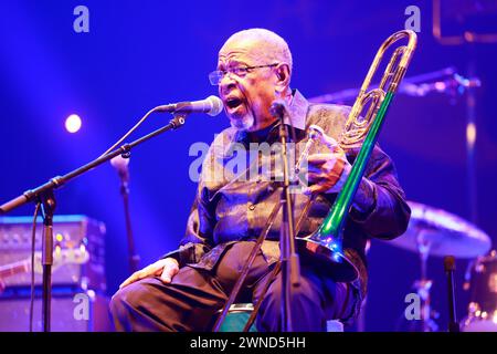 Fred Wesley. American jazzman and trombonist Fred Wesley and The New JB’s in concert at the Éclats d’Email Jazz Édition festival in Limoges. Line-up: Stock Photo