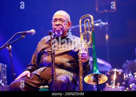 Fred Wesley. American jazzman and trombonist Fred Wesley and The New JB’s in concert at the Éclats d’Email Jazz Édition festival in Limoges. Line-up: Stock Photo