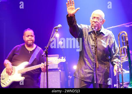 Fred Wesley. American jazzman and trombonist Fred Wesley and The New JB’s in concert at the Éclats d’Email Jazz Édition festival in Limoges. Line-up: Stock Photo