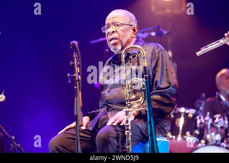 Fred Wesley. American jazzman and trombonist Fred Wesley and The New JB’s in concert at the Éclats d’Email Jazz Édition festival in Limoges. Line-up: Stock Photo