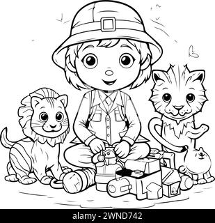 Coloring Page Outline Of cartoon explorer boy with map and magnifier ...