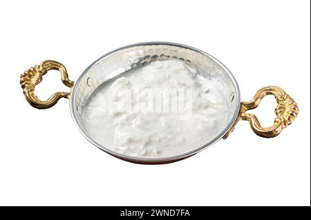 Straciatella fresh italian creamy cheese. Isolated on white background. Top view Stock Photo