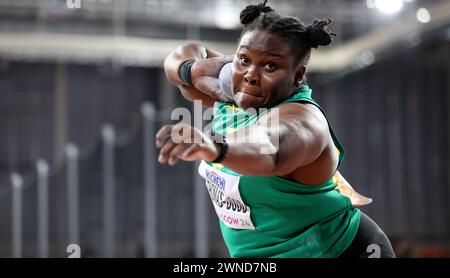 Glasgow, Britain. 1st Mar, 2024. Danniel Thomas-Dodd of Jamaica competes during the women's shot put final of the 2024 World Athletics Indoor Championships in Glasgow, Britain, March 1, 2024. Credit: Li Ying/Xinhua/Alamy Live News Stock Photo