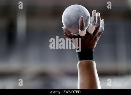 Glasgow, Britain. 1st Mar, 2024. Danniel Thomas-Dodd of Jamaica competes during the women's shot put final of the 2024 World Athletics Indoor Championships in Glasgow, Britain, March 1, 2024. Credit: Li Ying/Xinhua/Alamy Live News Stock Photo