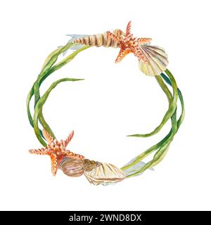 Watercolor round frame of sea shells, illustration Stock Photo - Alamy
