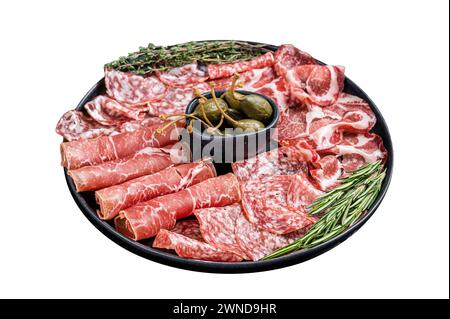 Italian Antipasto set platter, cured meat plate with Prosciutto crudo, Salami and Coppa Sausage. Isolated on white background. Top view Stock Photo
