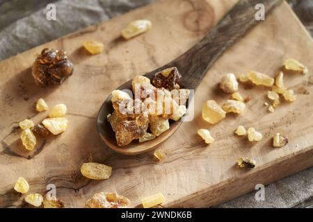 Frankincense resin on a wooden spoon Stock Photo